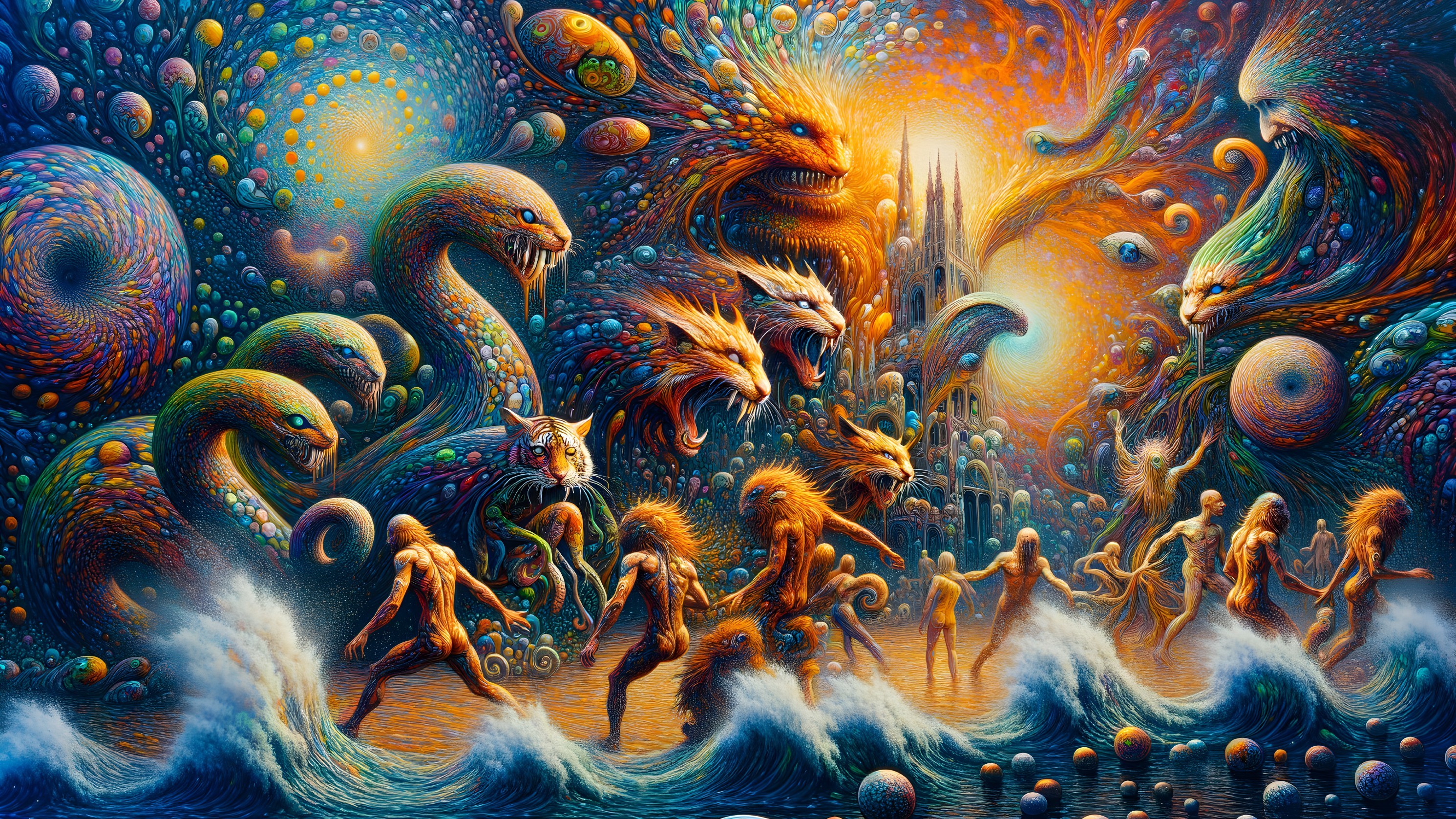 Surreal Landscape with Fantastical Creatures and City