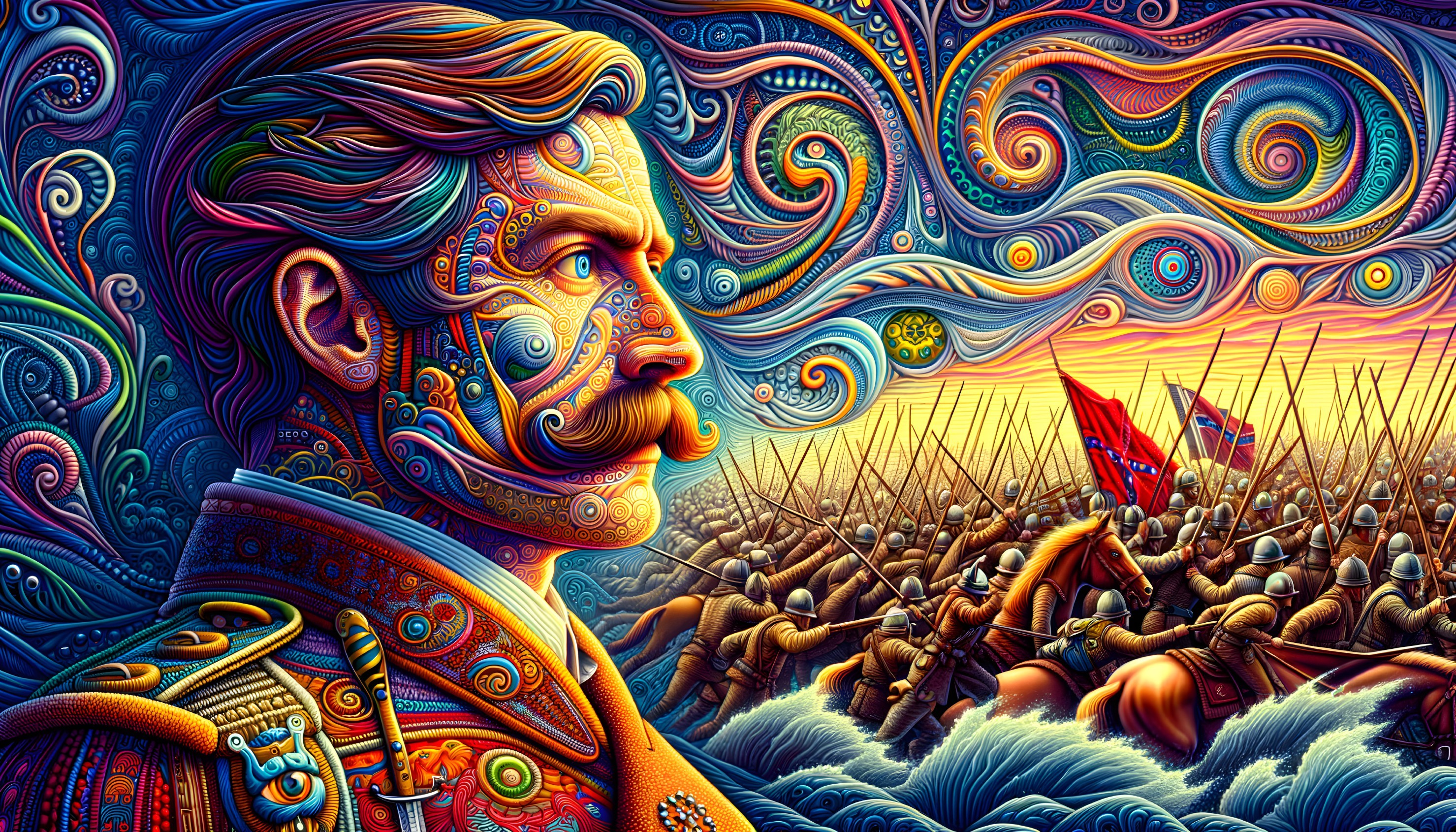 Surreal Soldier Portrait with Battlefield at Sunset