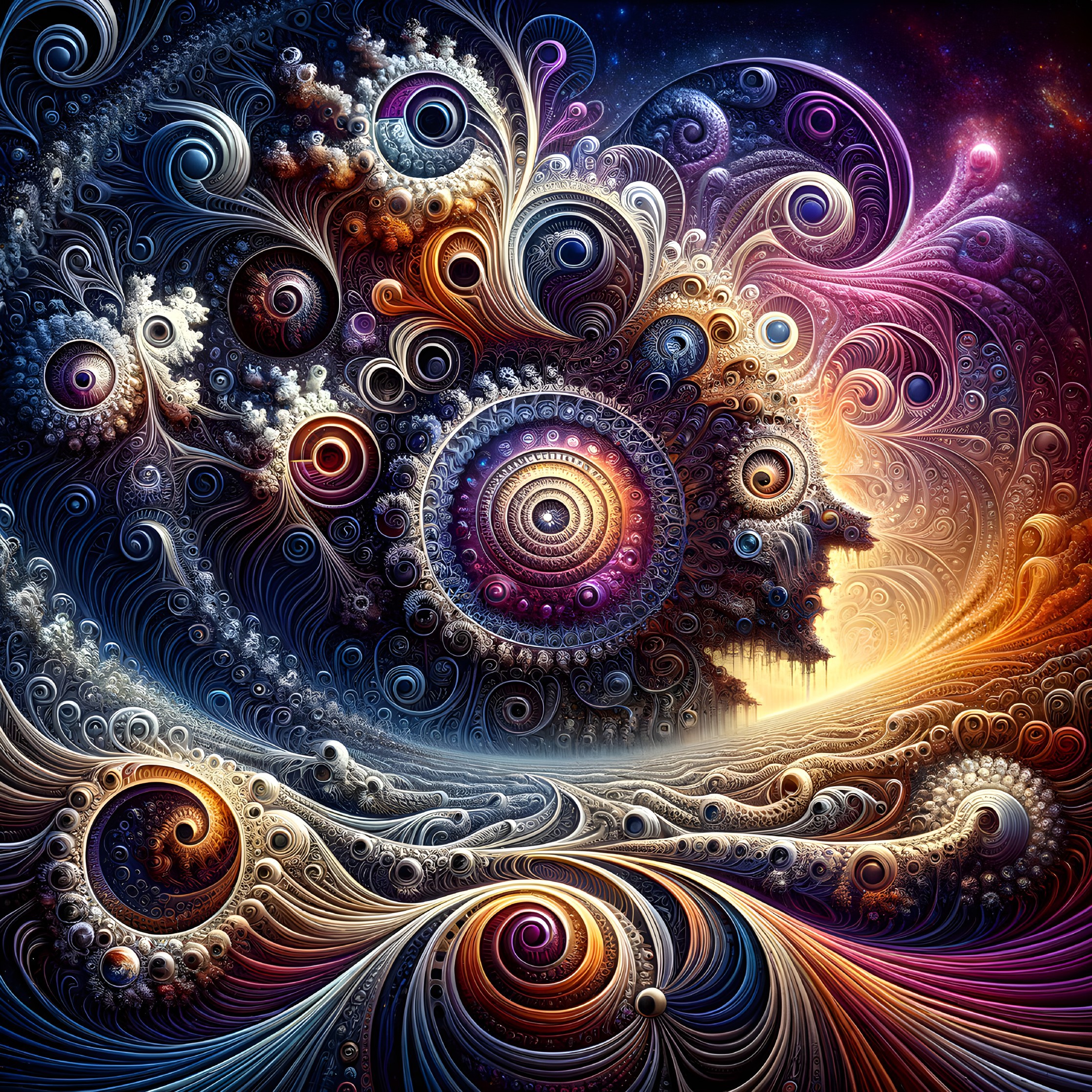 Vibrant Fractal Landscape with Cosmic Elements