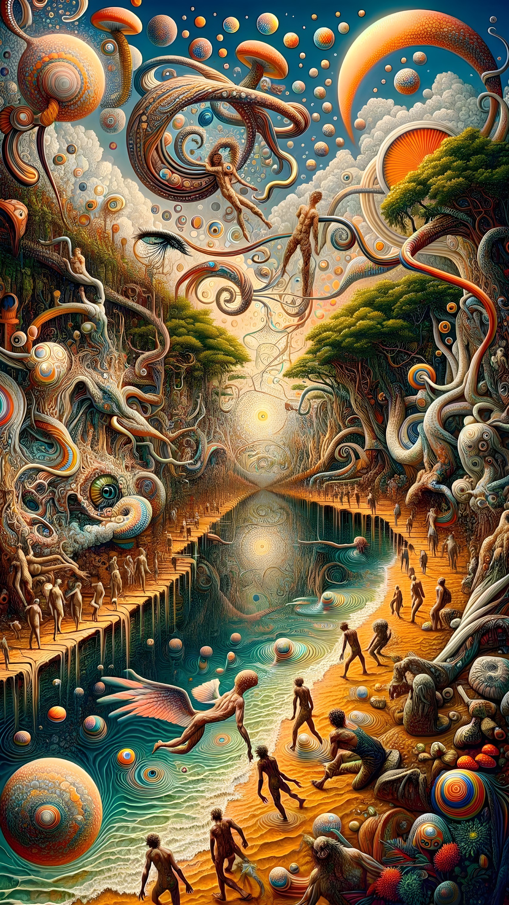 Surreal Landscape with Winding River and Ethereal Figures