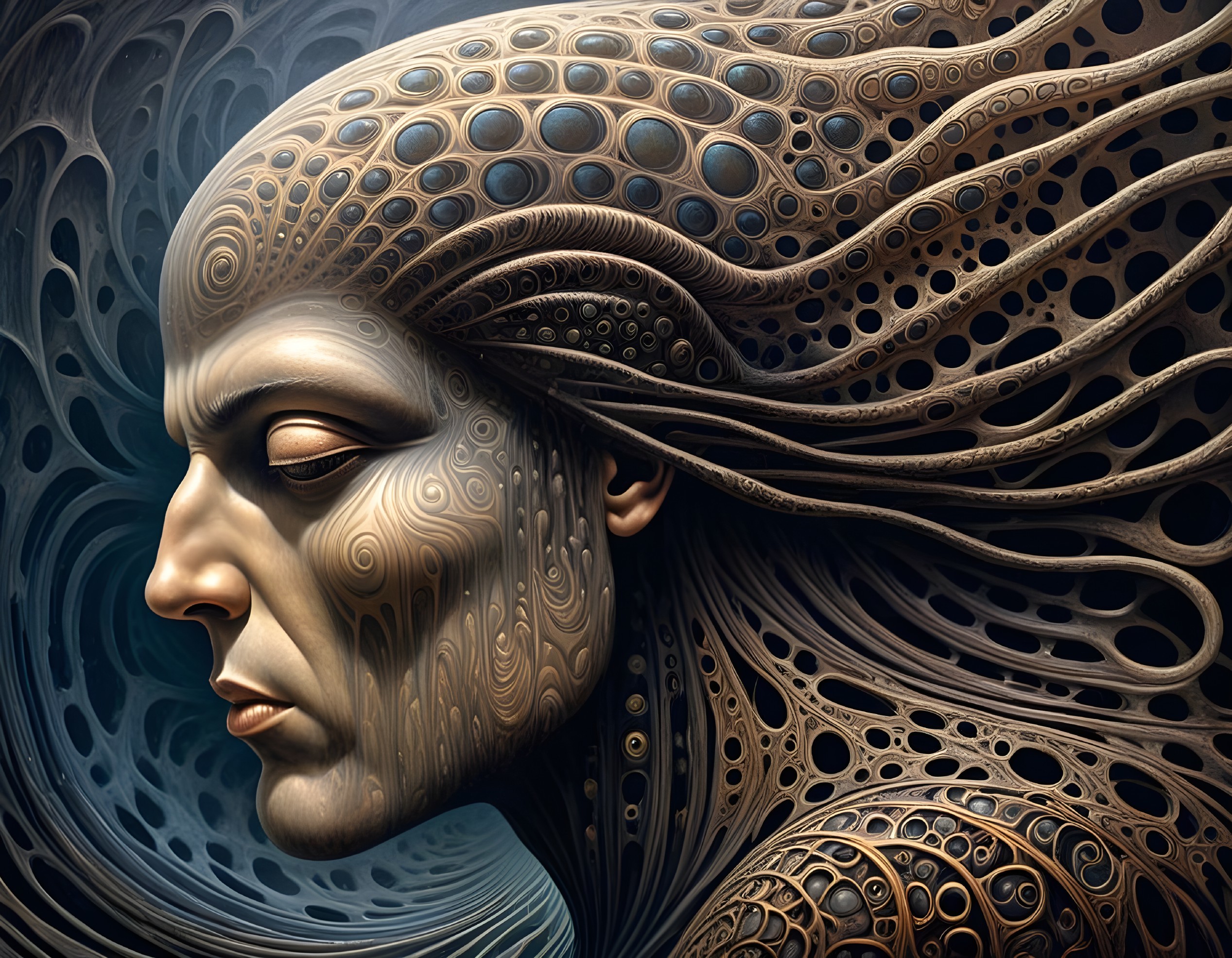 Surreal Humanoid Figure with Organic Textures and Patterns