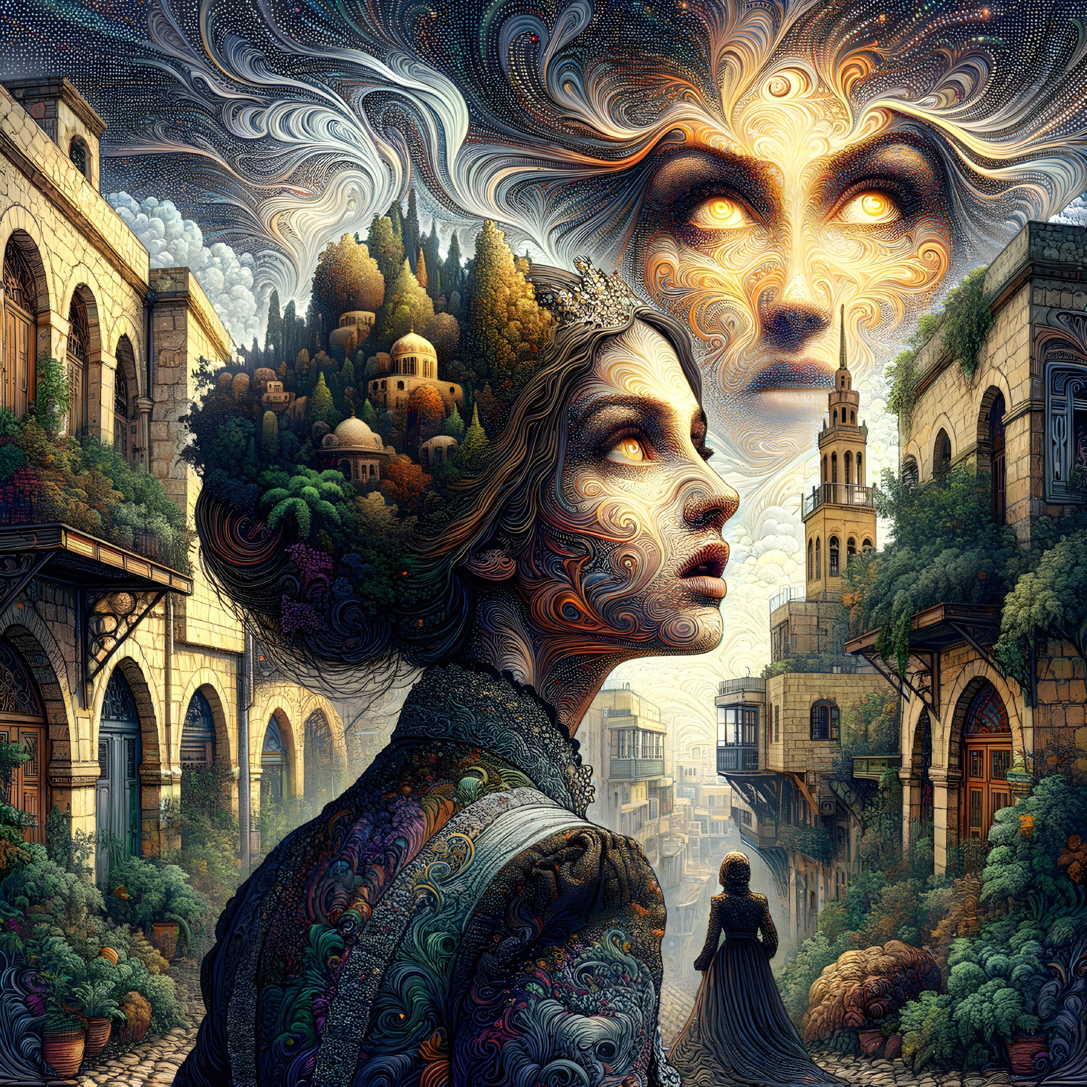 Surreal Scene of a Woman in a Magical Village Setting