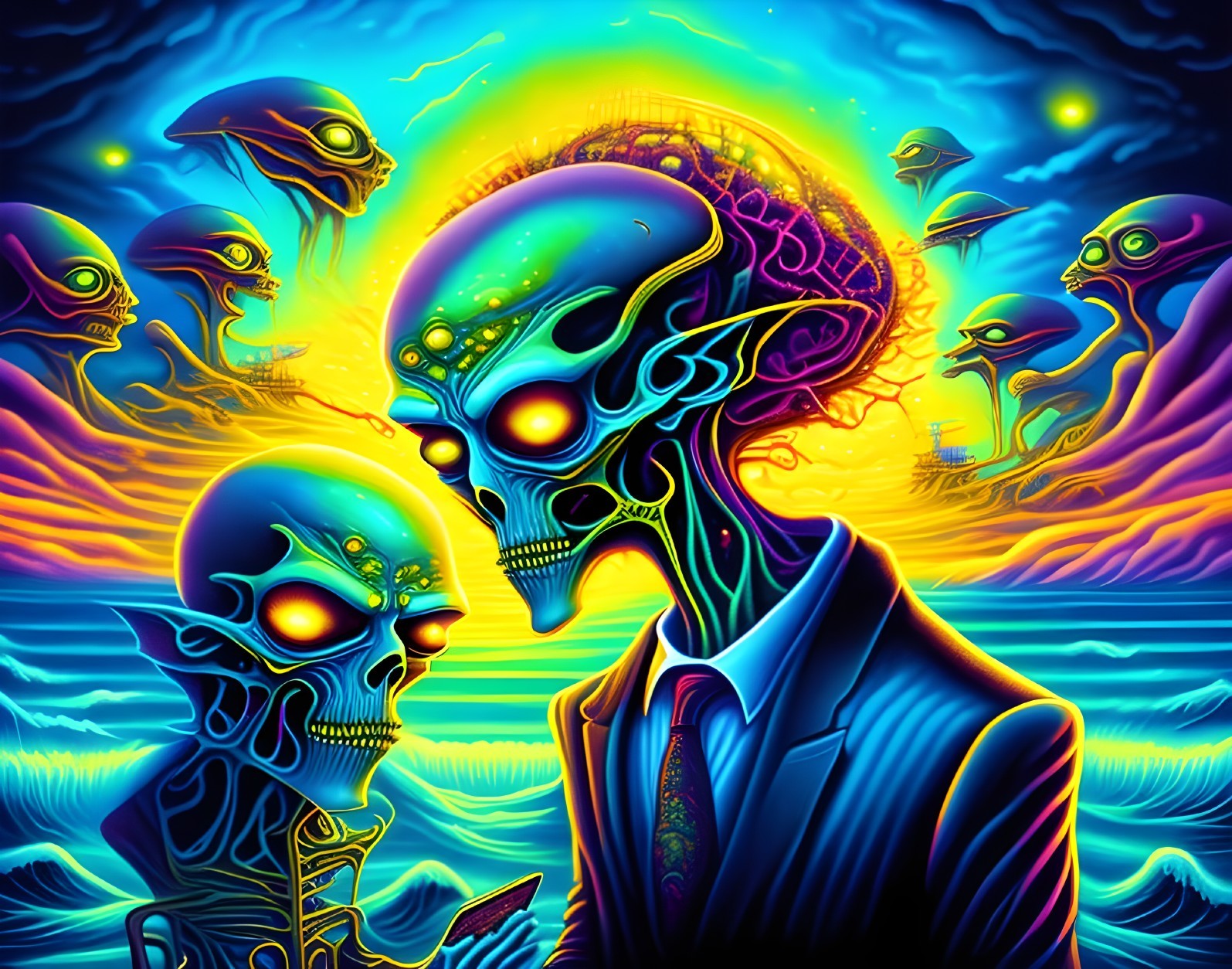 Psychedelic Artwork with Glowing Skull and Aliens