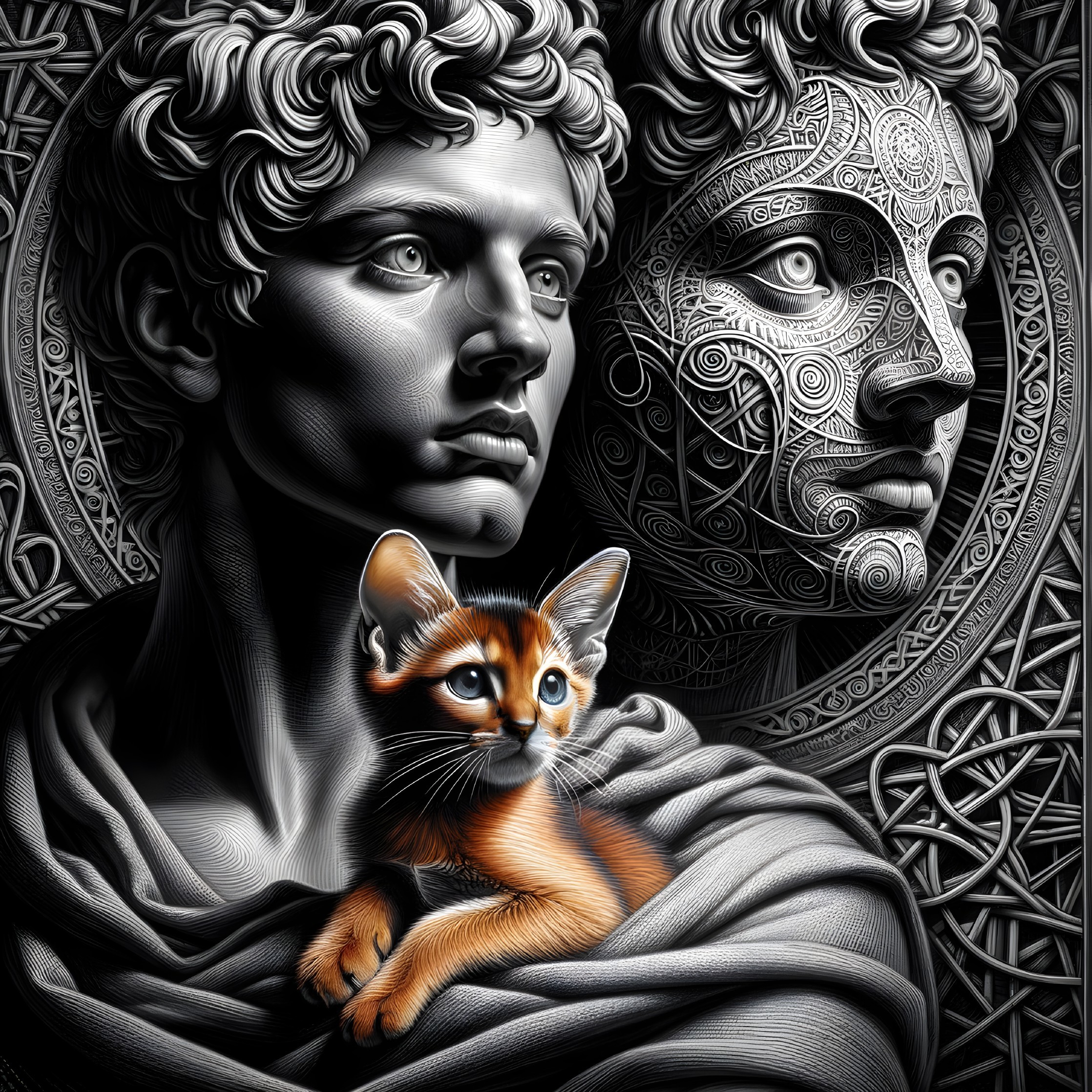 Classical sculpture of man with robotic face and kitten nestled in garment
