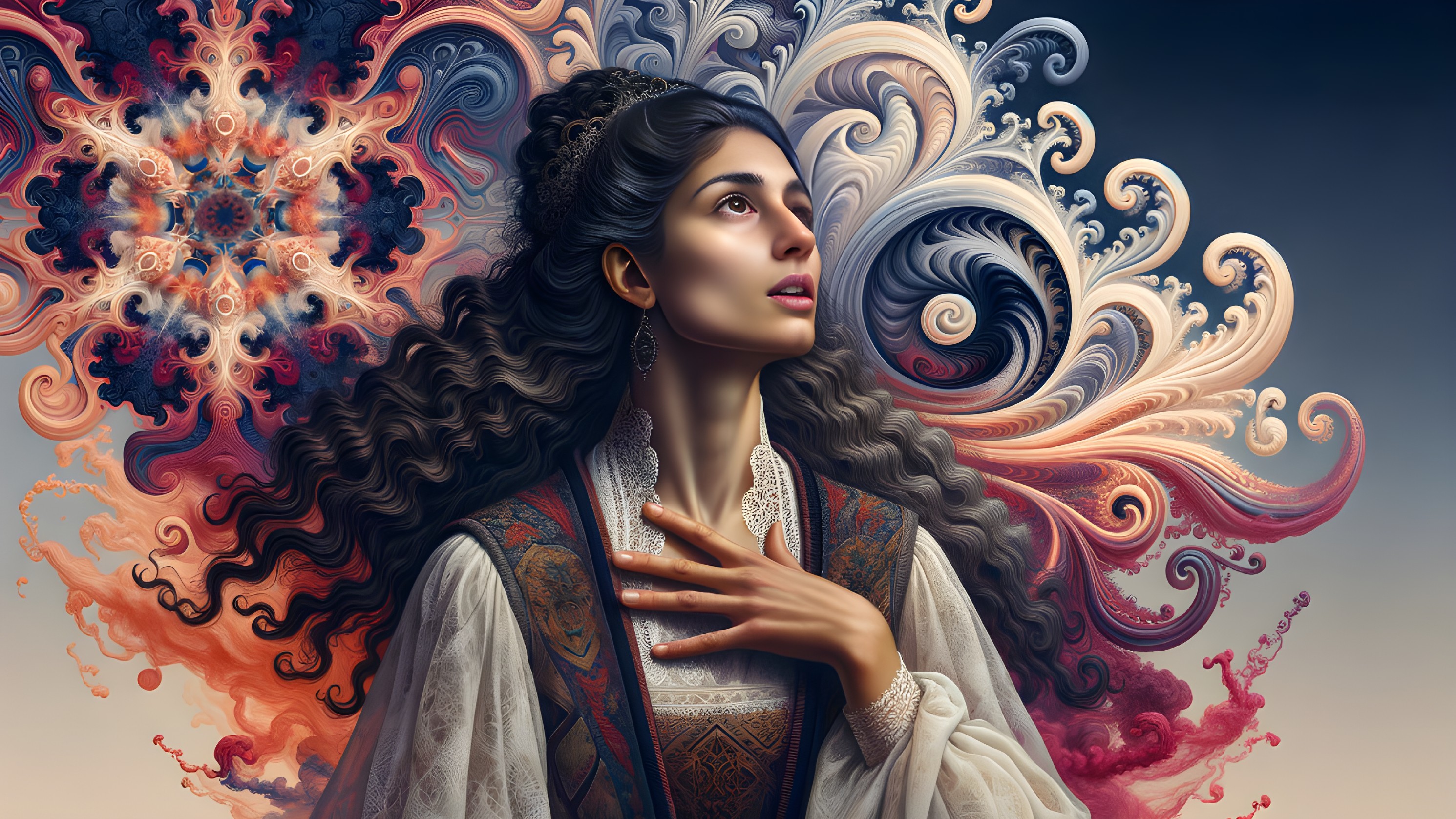 Long-haired woman gazes amidst intricate swirling patterns in blue, red, and cream.