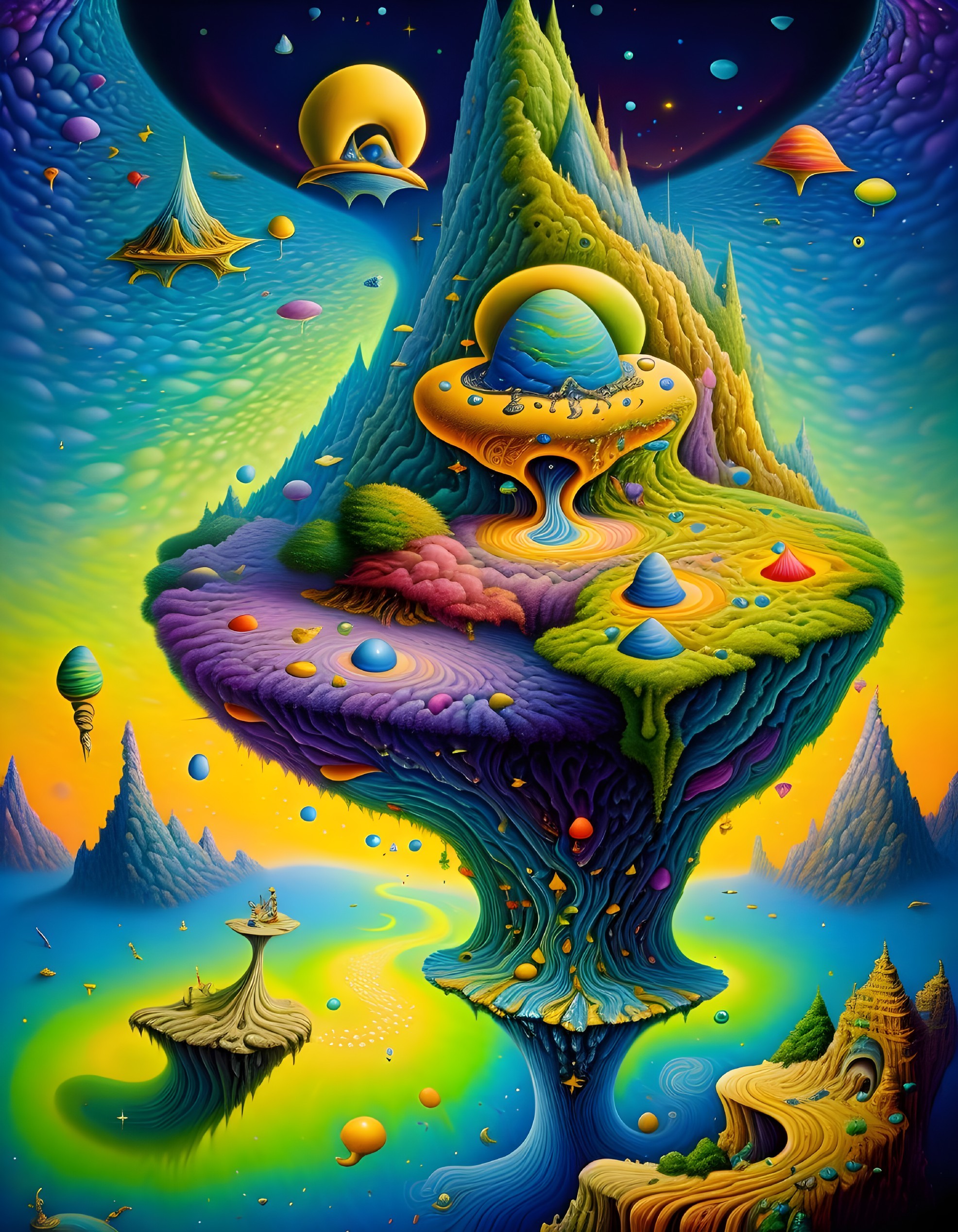 Surreal Landscape with Floating Islands and Whimsical Forms