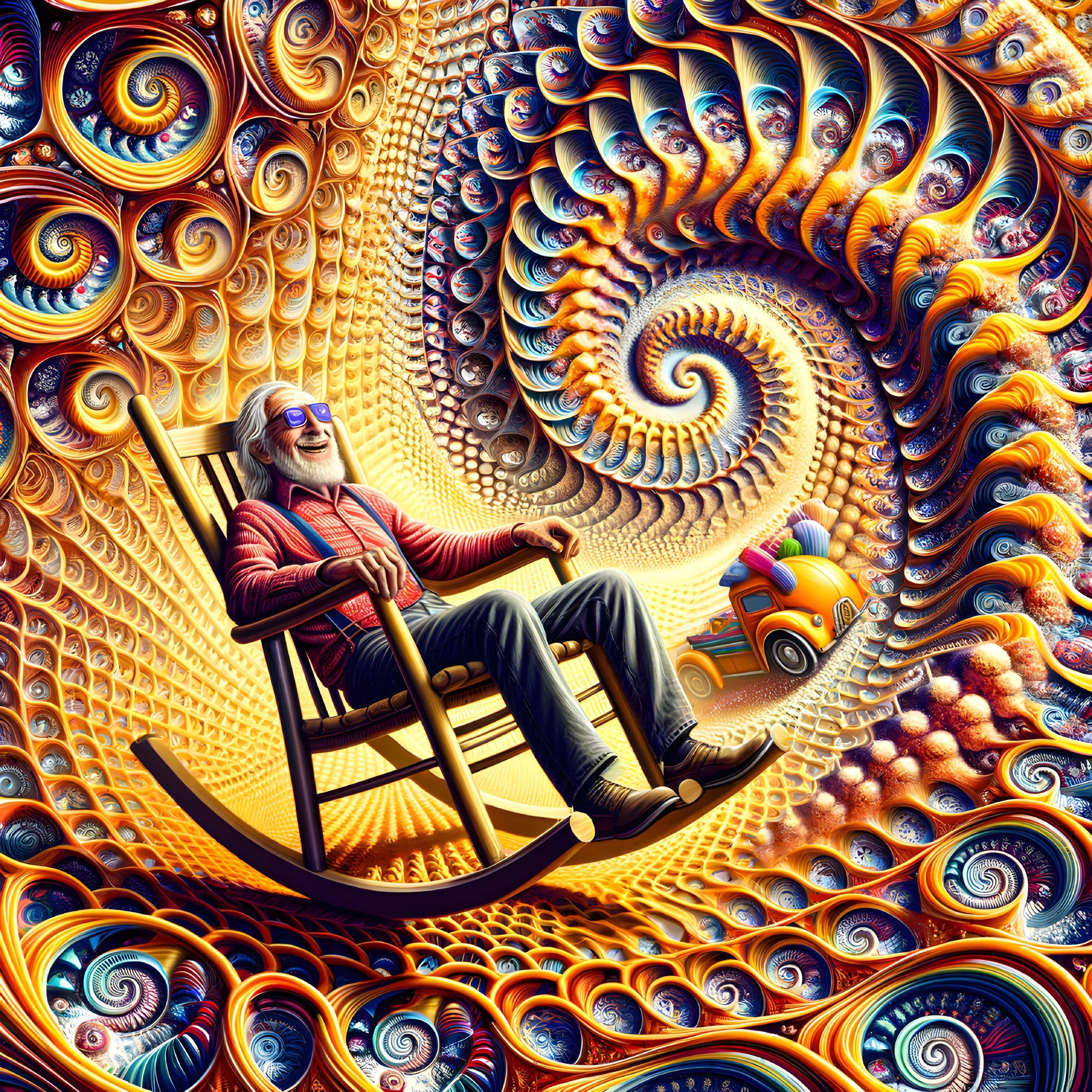 Elderly Man in Rocking Chair Amid Colorful Fractals