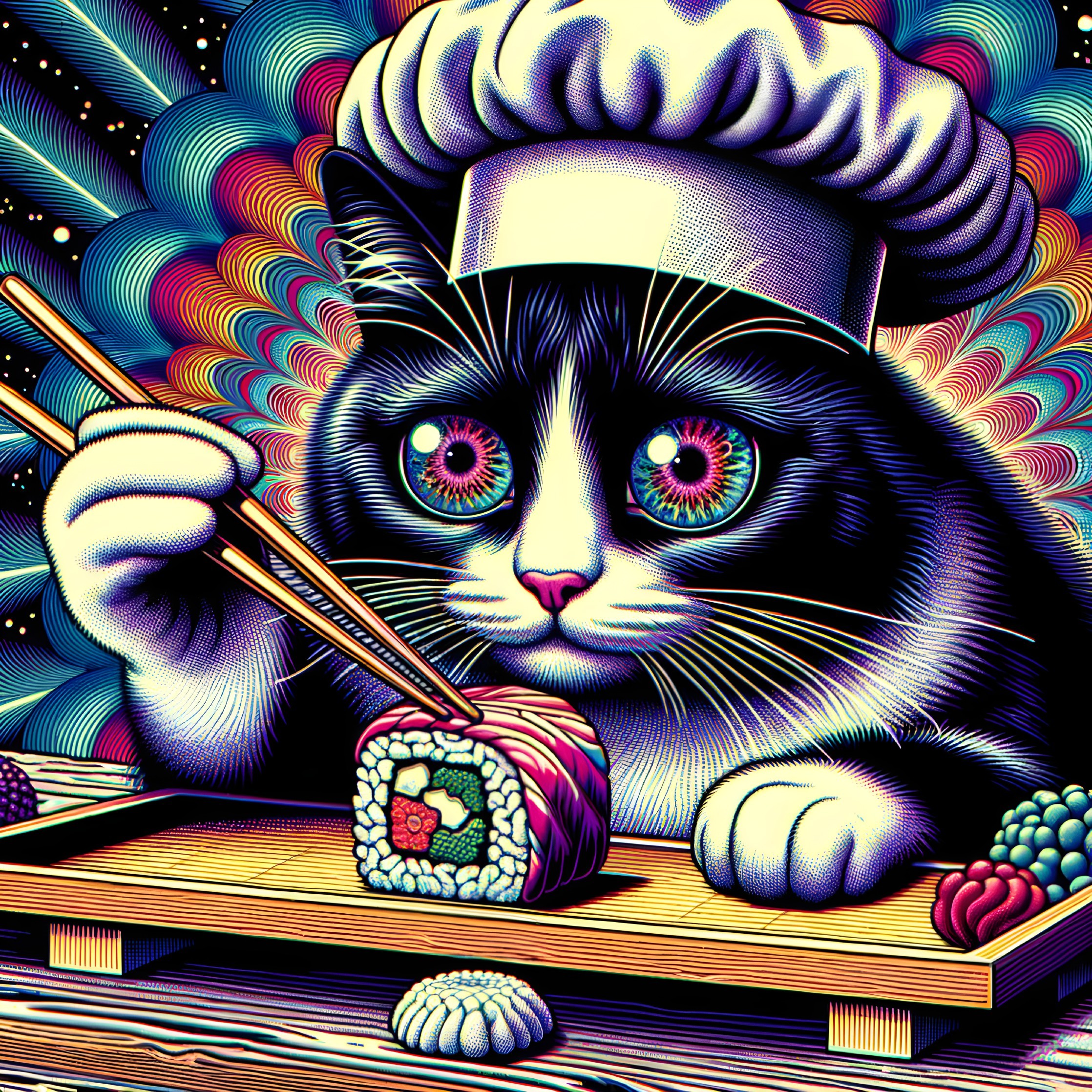 Colorful Cat Chef with Sushi and Psychedelic Background