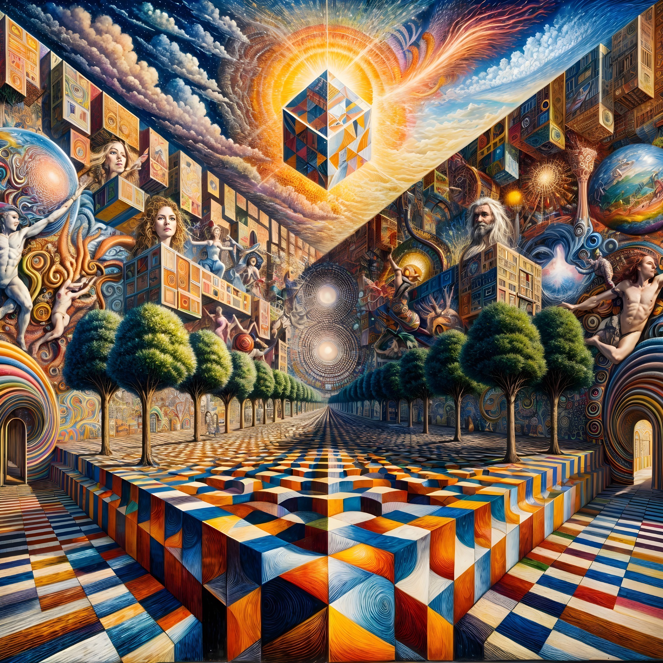 Surreal Artwork with Geometric and Mythological Elements