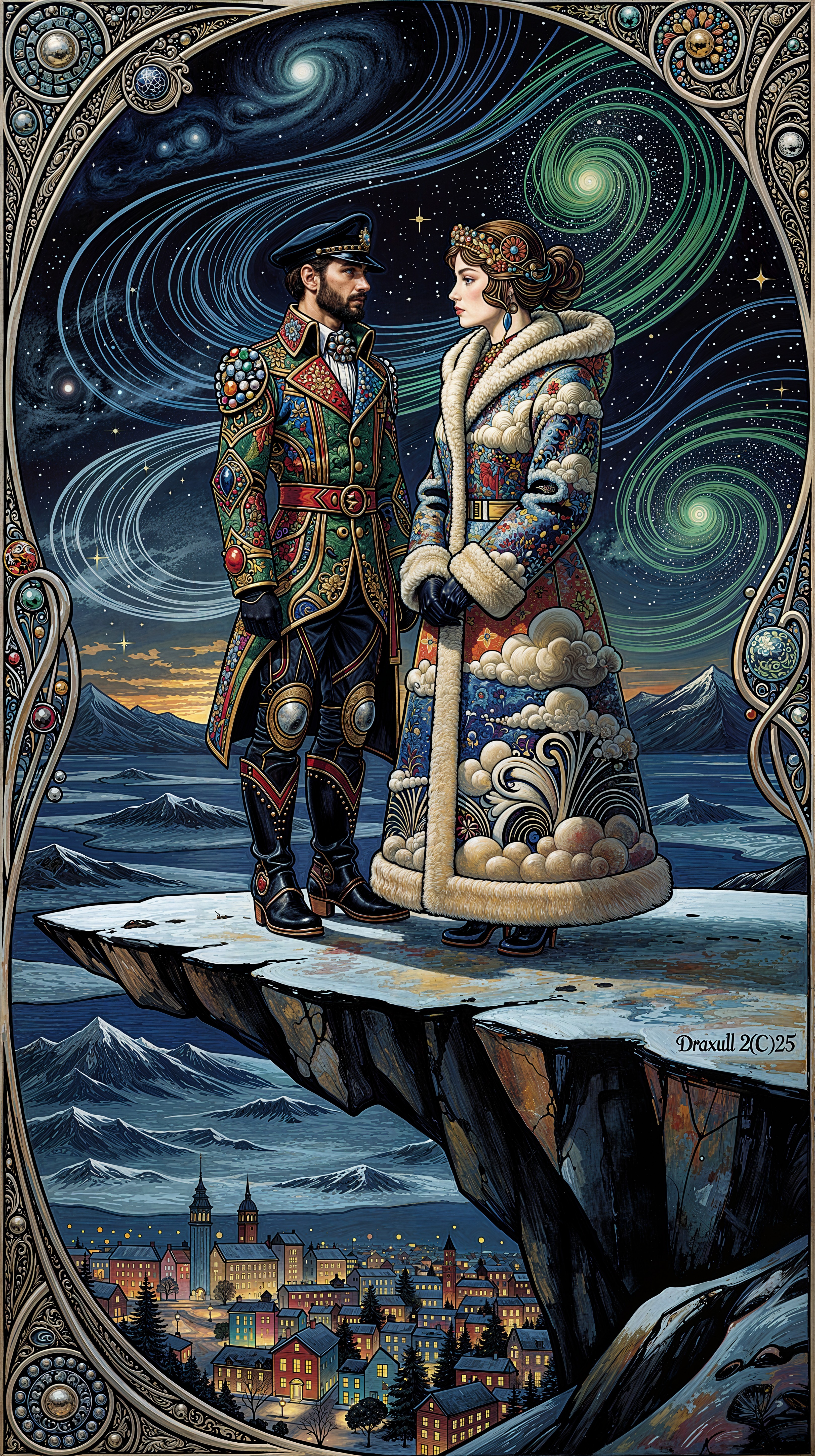 Bearded Man and Woman on Snowy Mountain Ledge