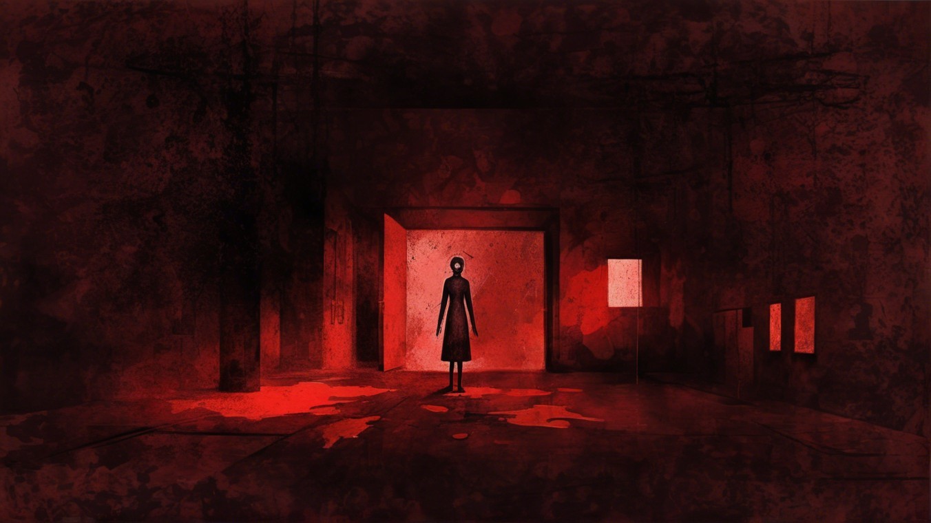 Eerie Room with Solitary Figure in Black Dress