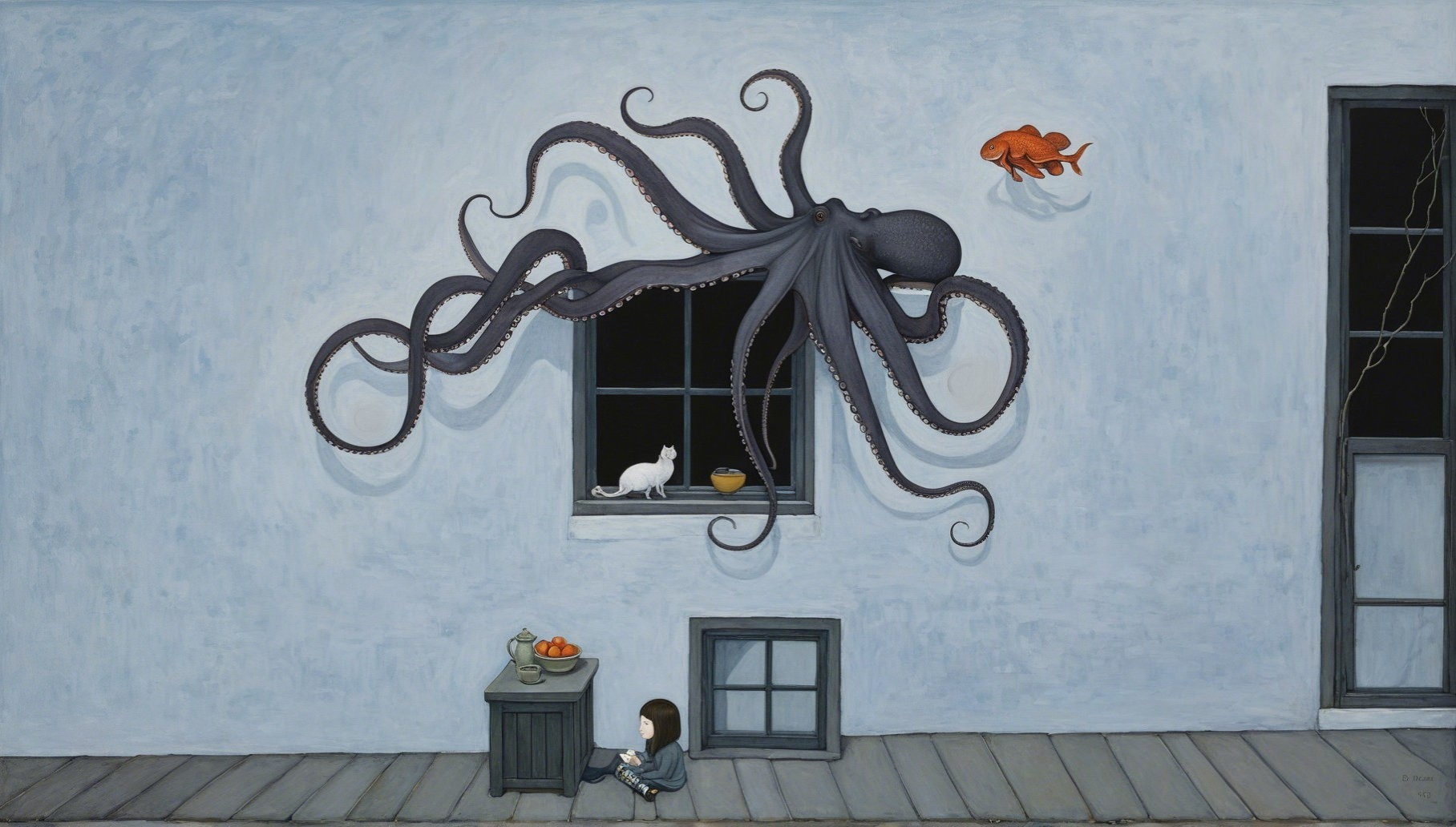 Whimsical Room with Girl, Octopus, and Cat