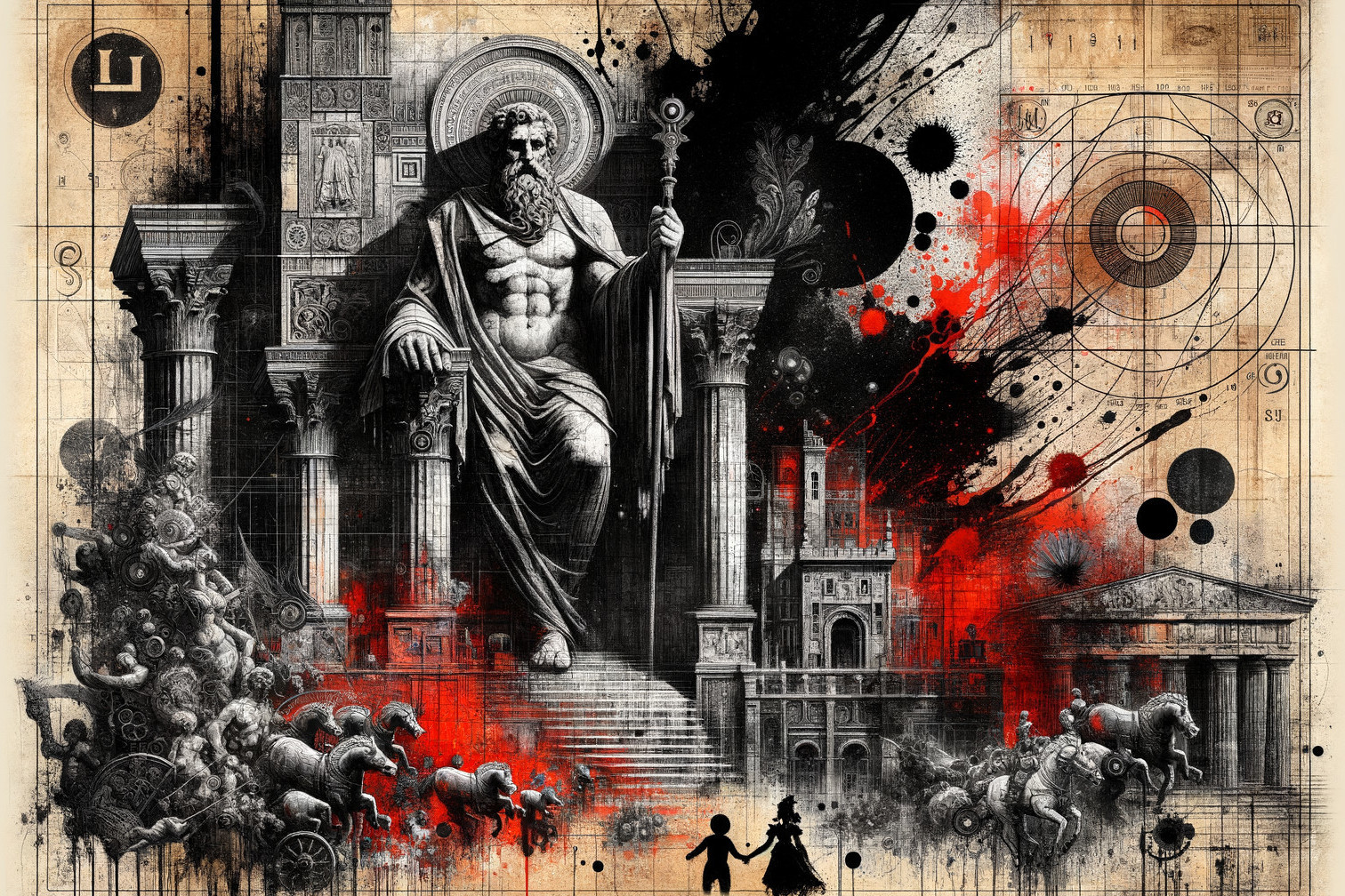 Majestic Deity on Throne Amidst Ancient Ruins