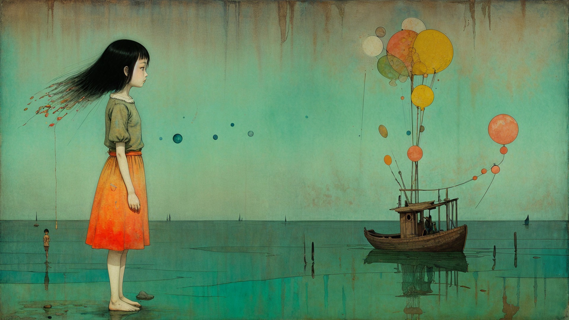 Girl in Orange Skirt by Water with Colorful Boat