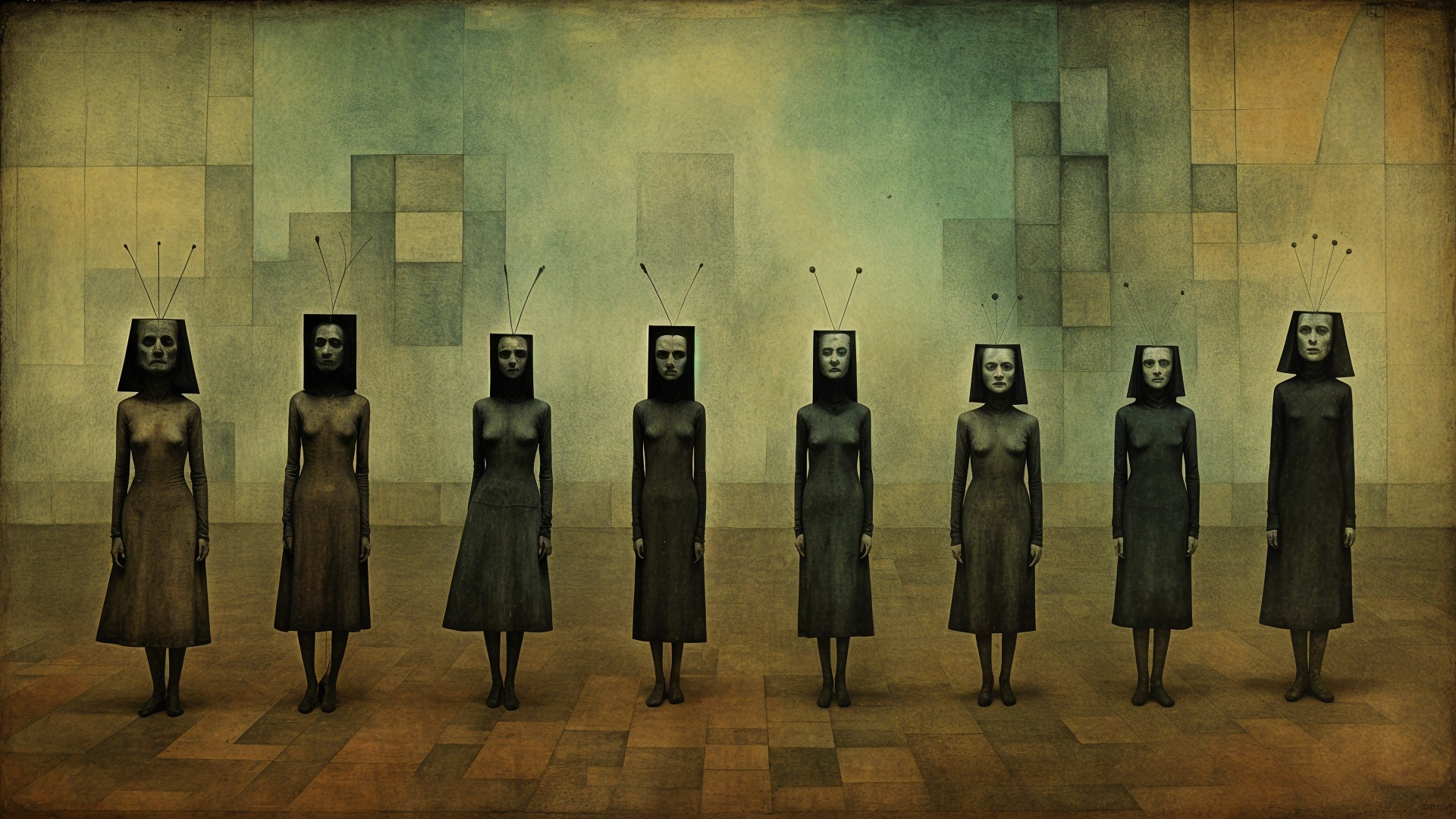 Surreal Scene with Eight Eerie Figures in Dark Dresses