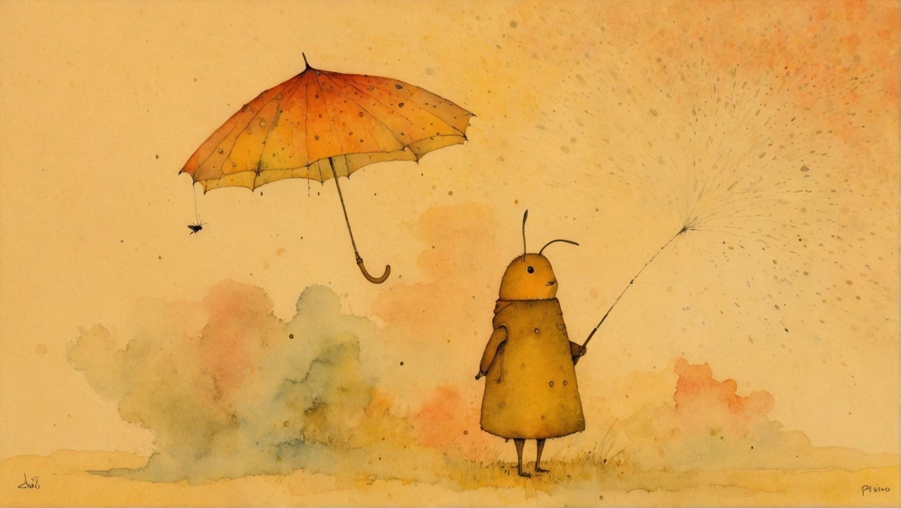 Whimsical Cartoon Creature Under Colorful Umbrella