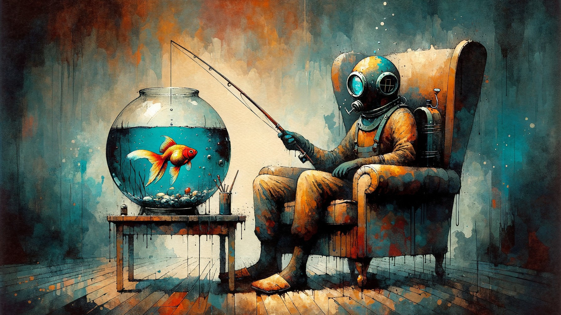 Surreal Scene of Diver in Armchair with Goldfish Bowl