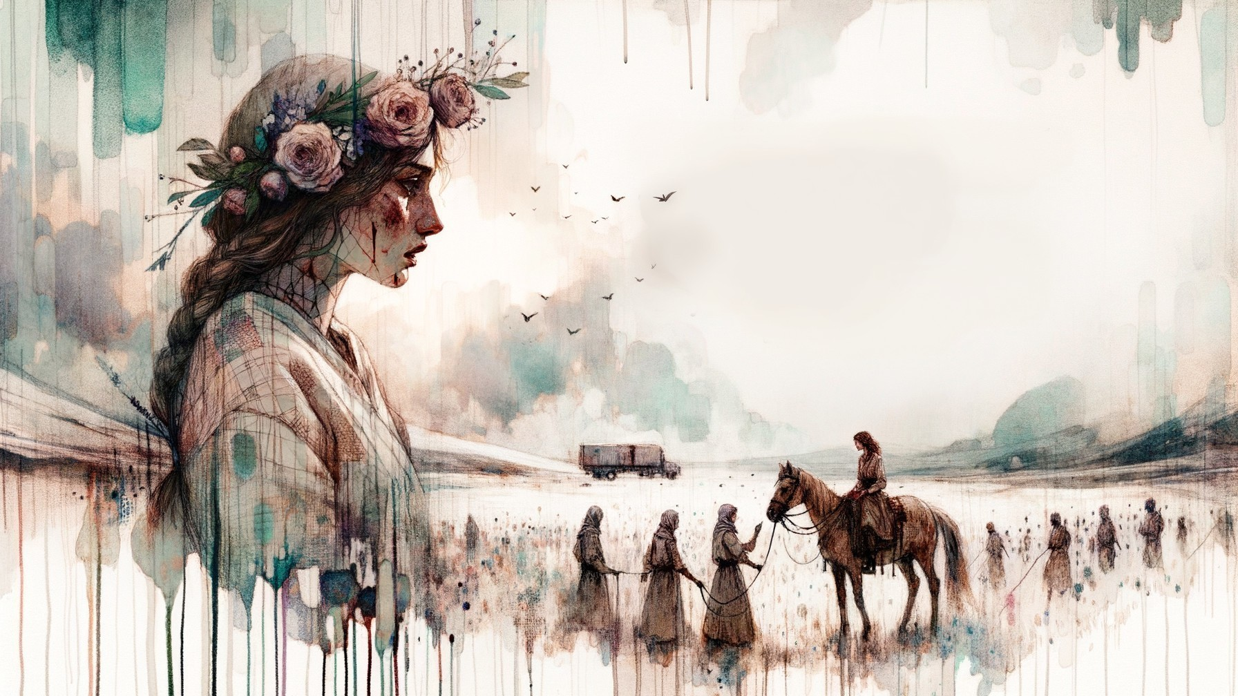 Dreamy Watercolor Landscape with Young Woman and Nature