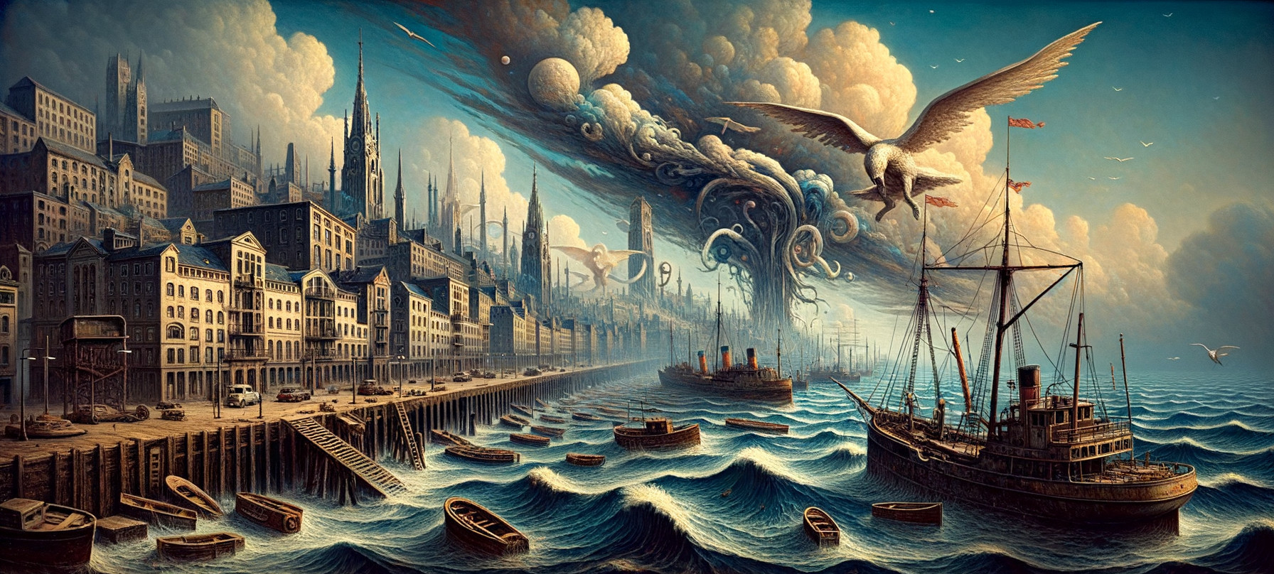 Maritime cityscape with classical architecture, steamboat, giant bird, mystical figures