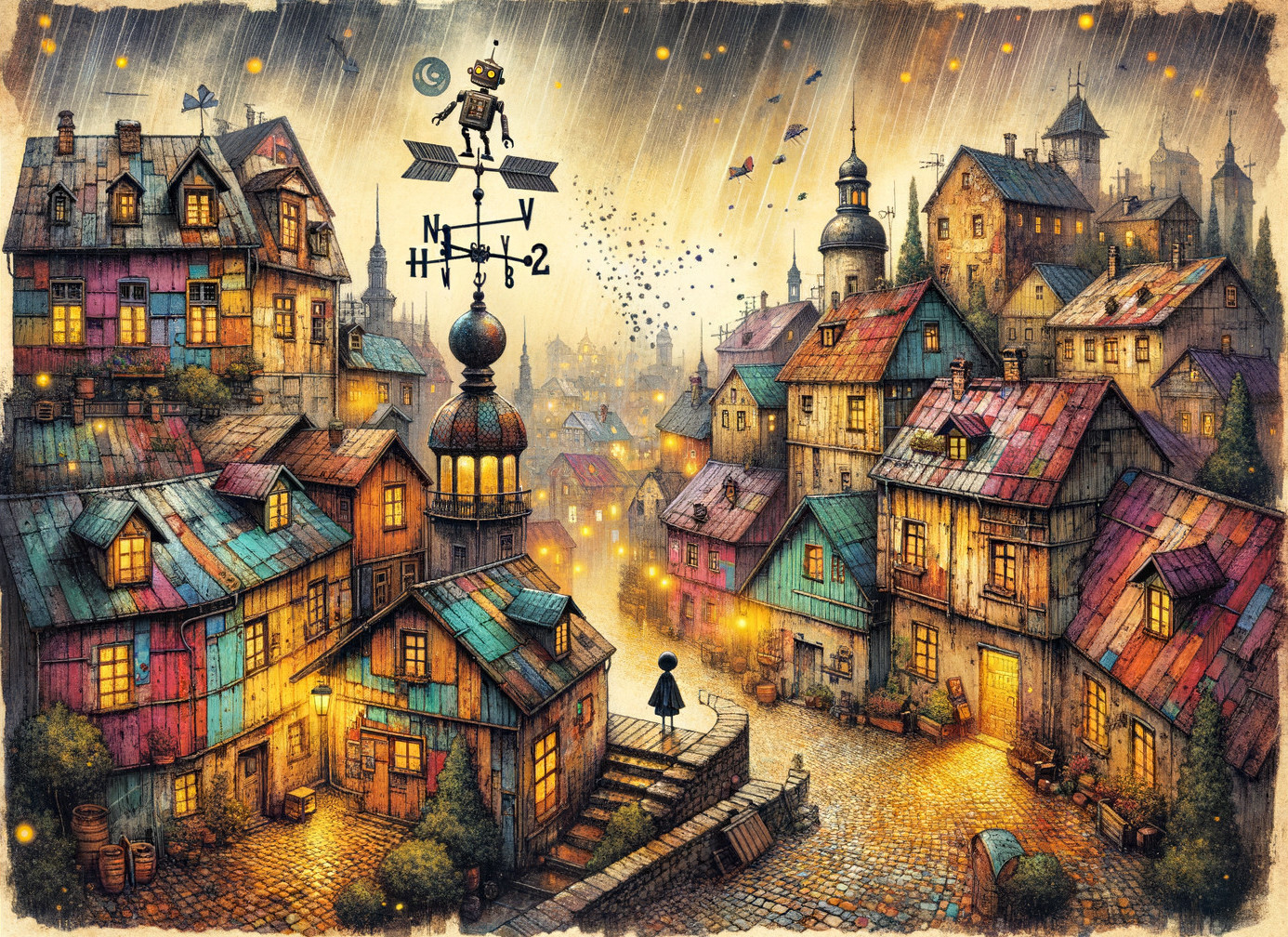 Illuminated Village Scene with Colorful Houses and Rain