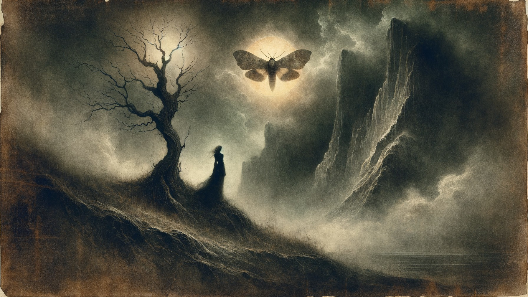 Lone Figure on Misty Hillside with Moon and Moth