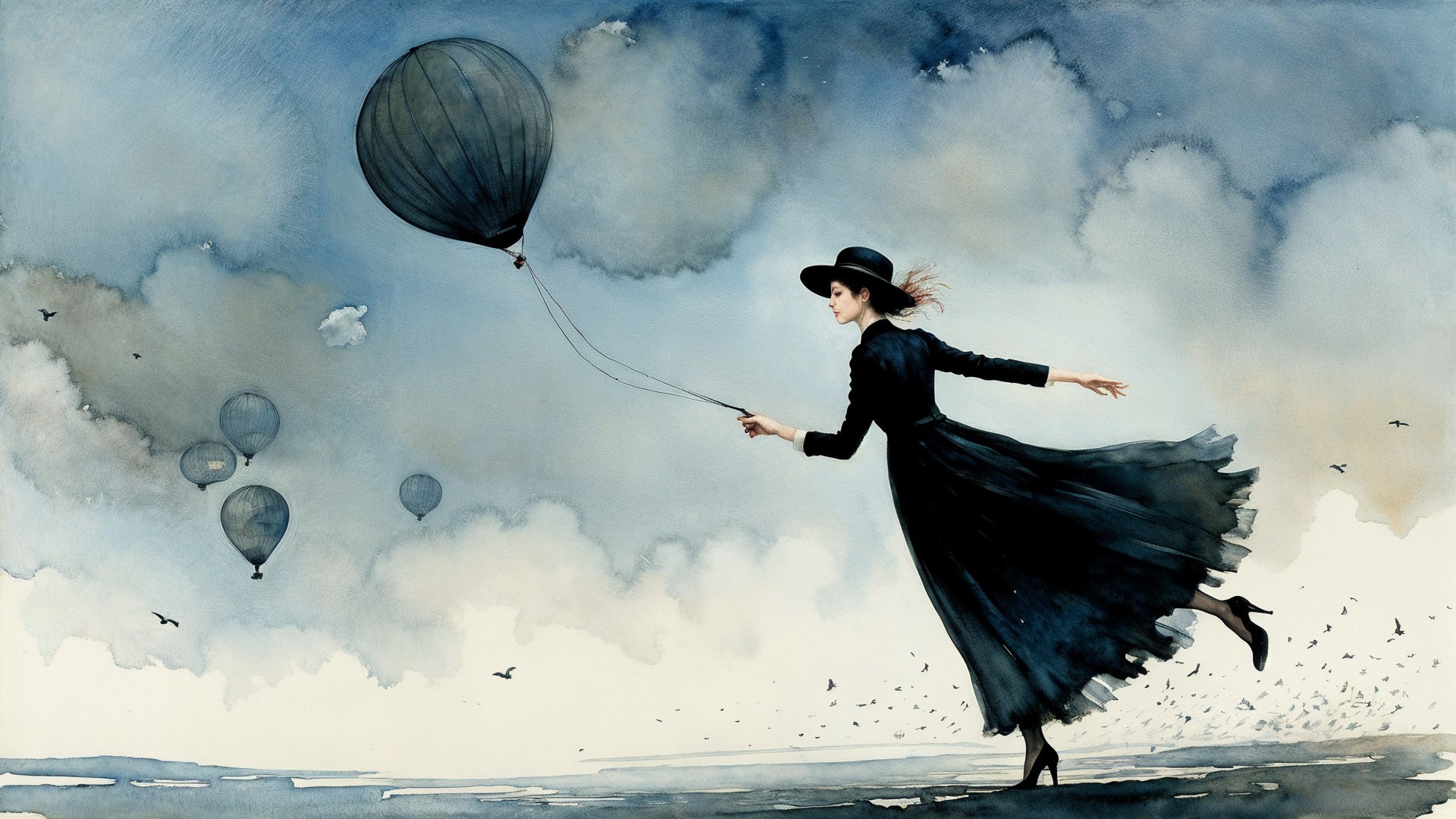 Woman in Black Dress with Balloons on Shoreline