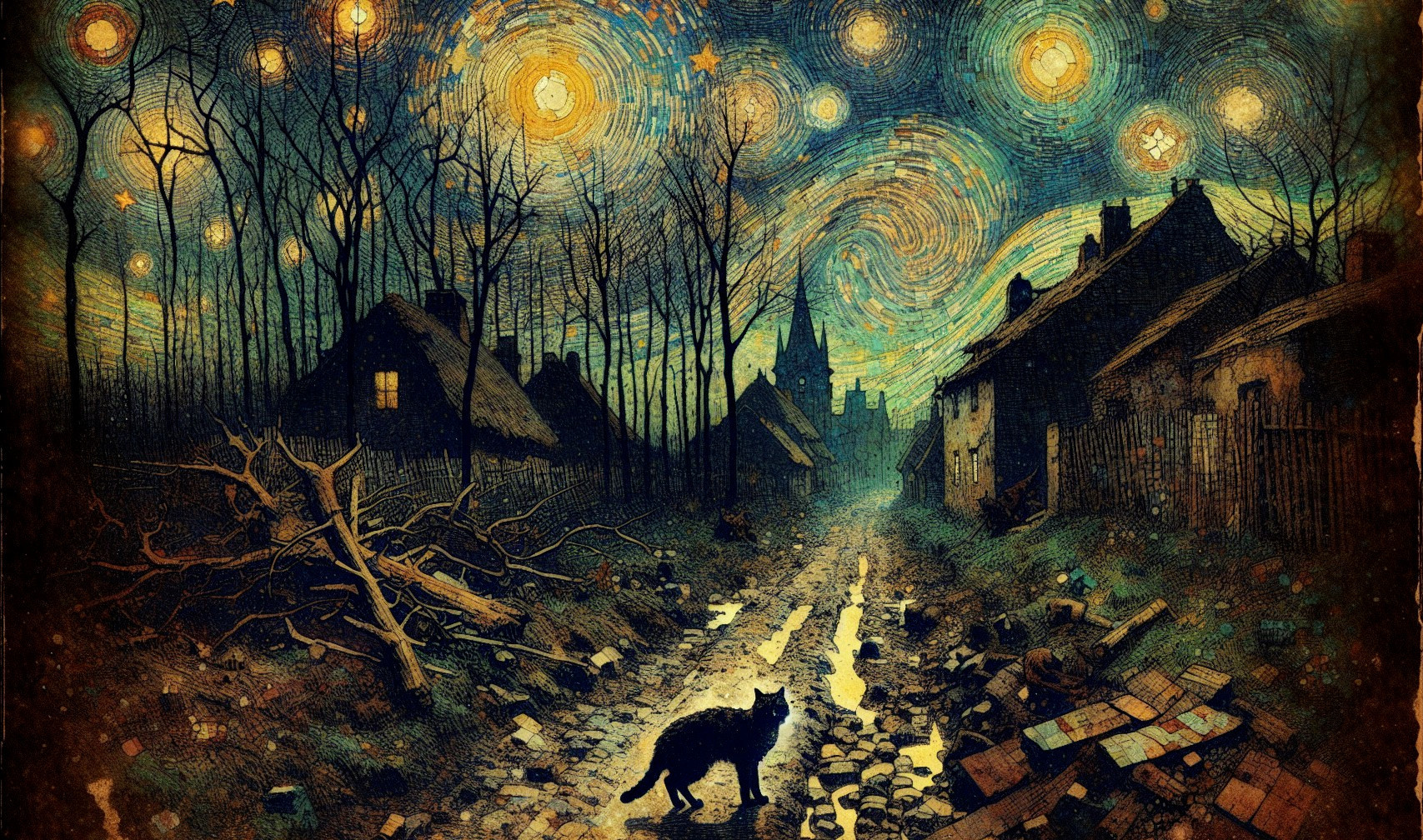 Serene Night Scene with Starry Skies and Village
