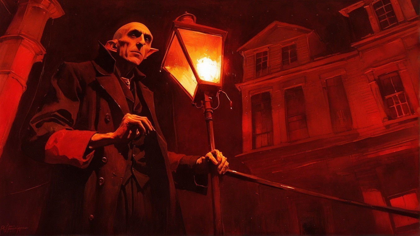 Eerie Figure Under Lamppost in Gothic Setting