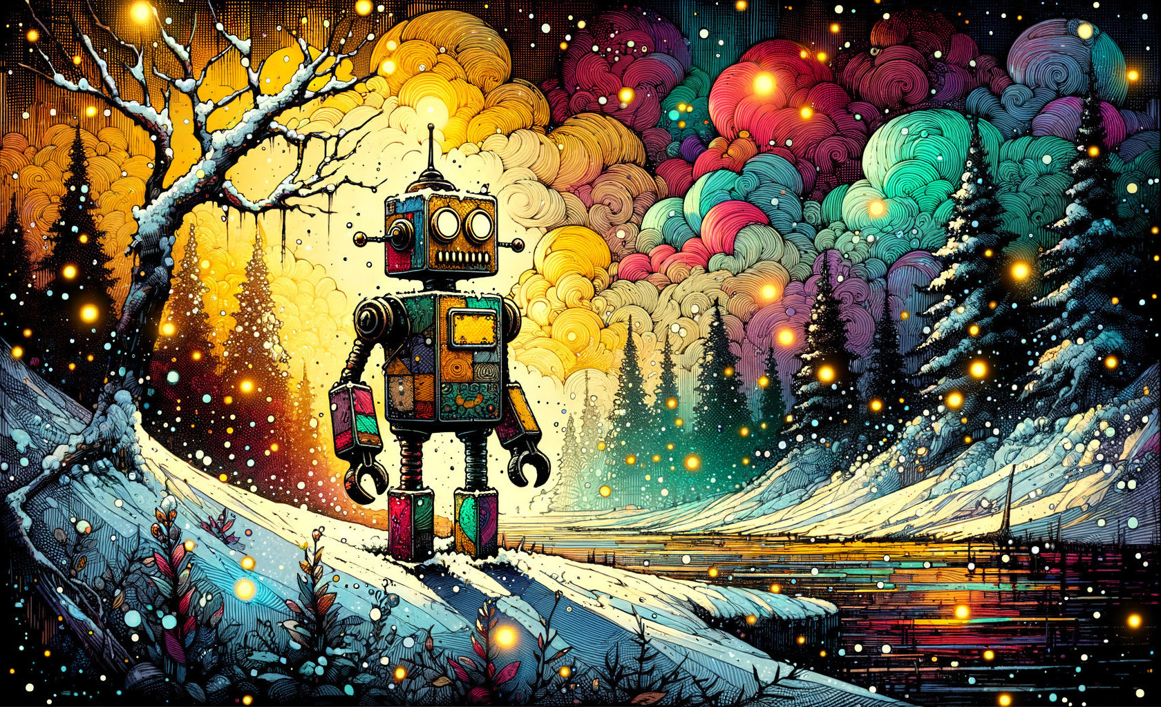 Whimsical Robot in a Colorful Snowy Landscape