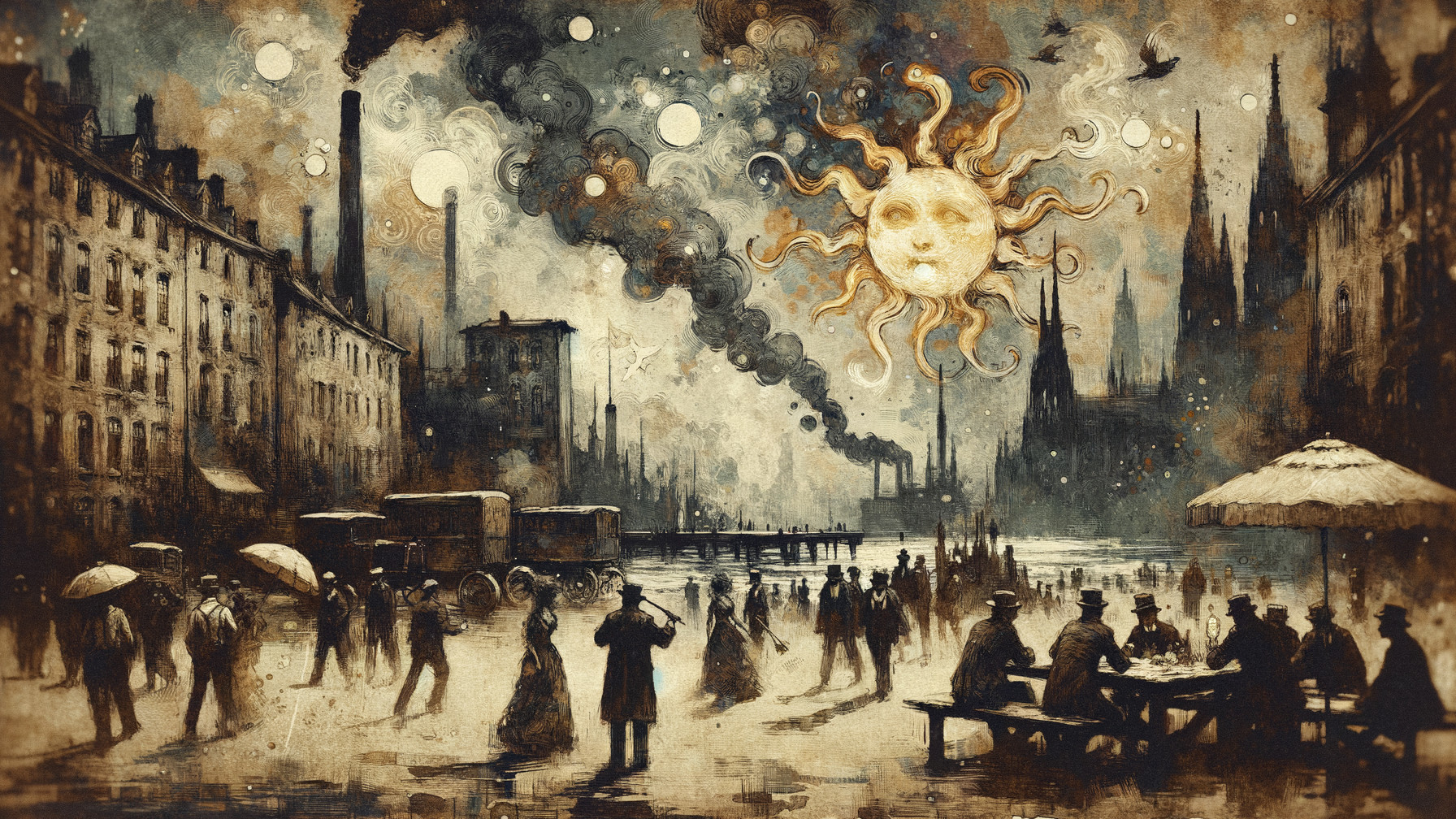 Sepia-Toned Industrial City Scene with Vintage Attire