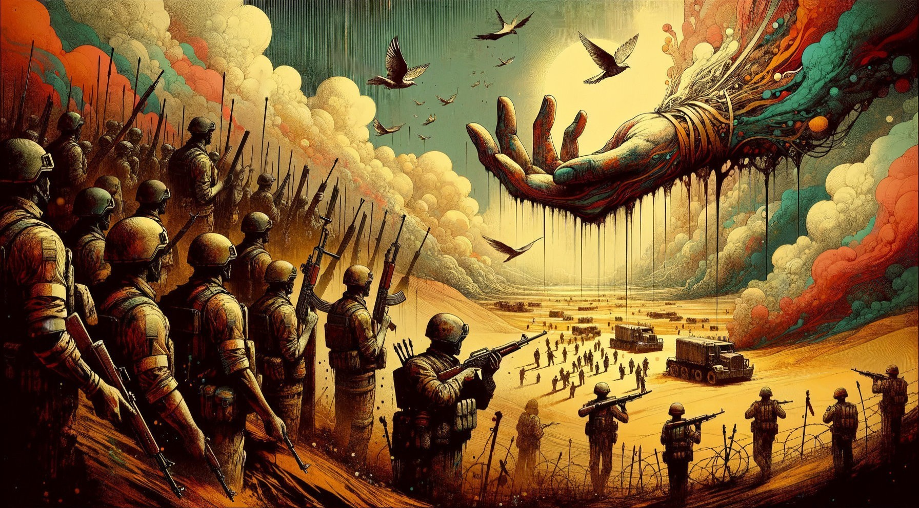 Surreal Scene of Colossal Hand and Soldiers Below