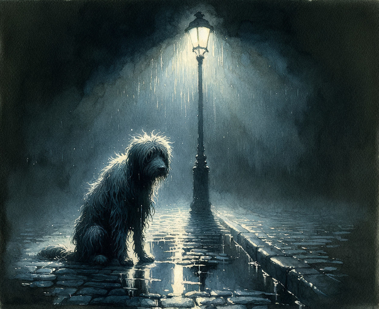 Scruffy Dog Under Streetlamp on Rainy Night
