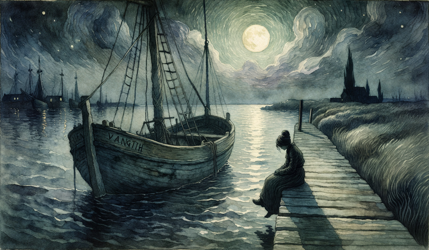 Tranquil Night Scene with Boat and Dock Silhouettes