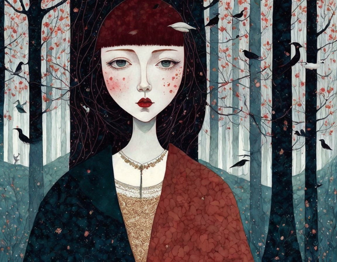 Young Woman in Forest with Freckled Cheeks and Pink Leaves