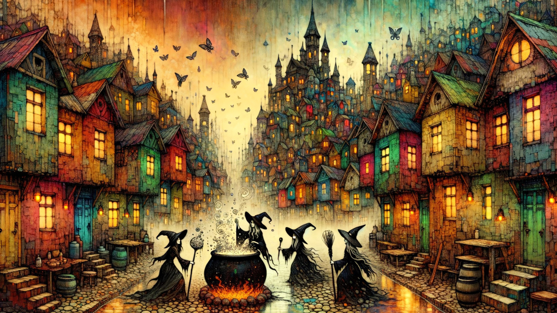 Witches Gather Around Cauldron in Colorful Village