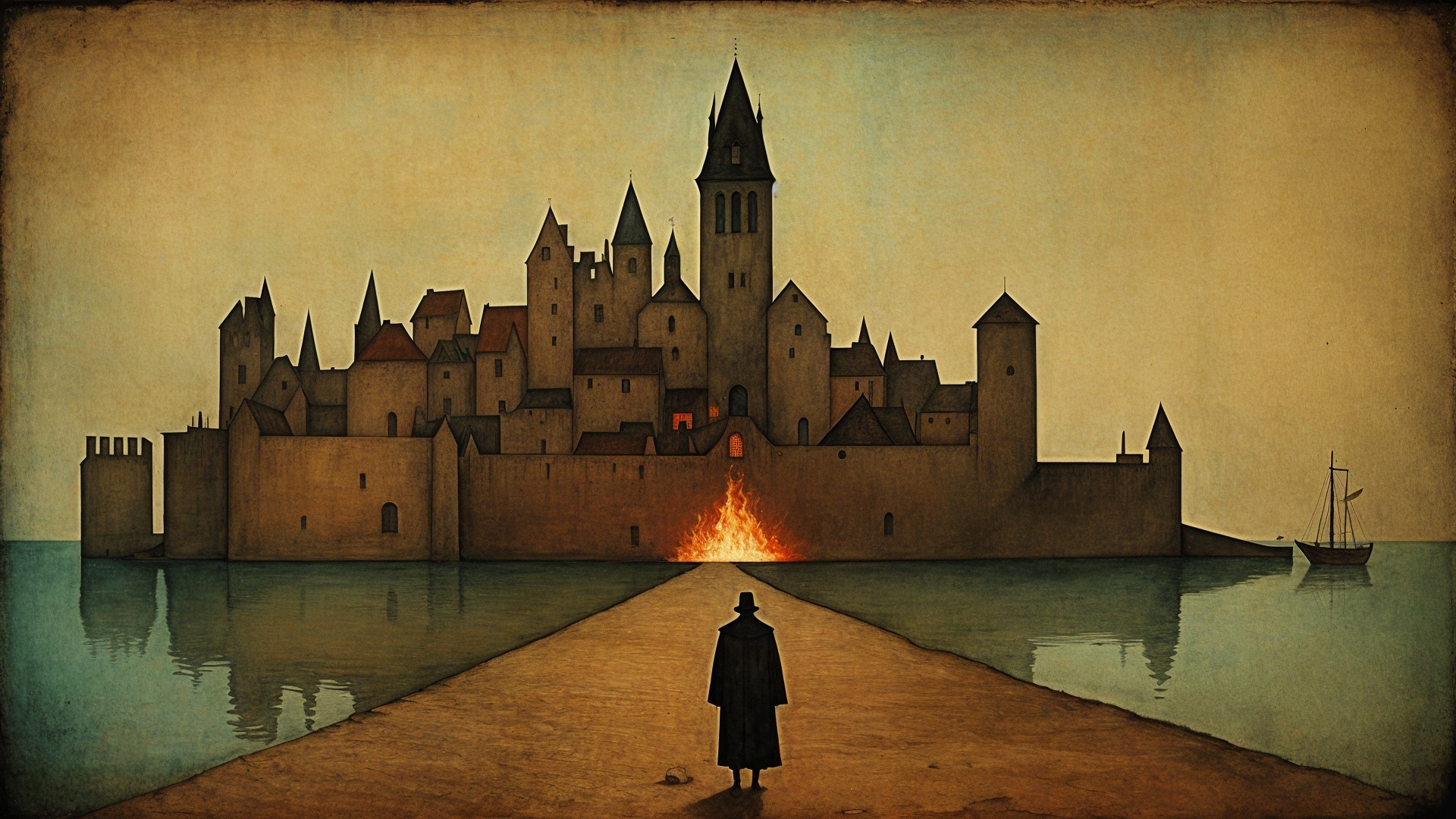 Silhouette by Medieval Castle with Reflective Water