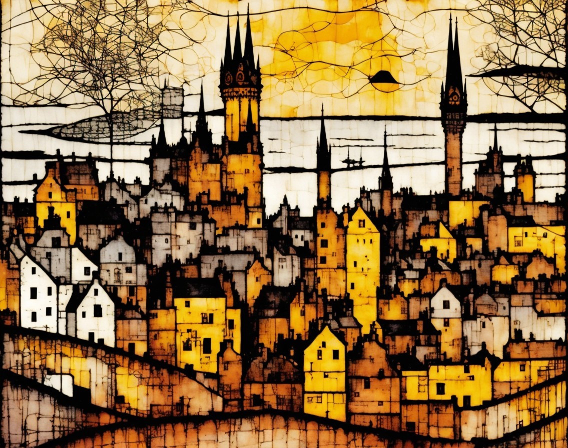 Stylized cityscape with intricate buildings and spires