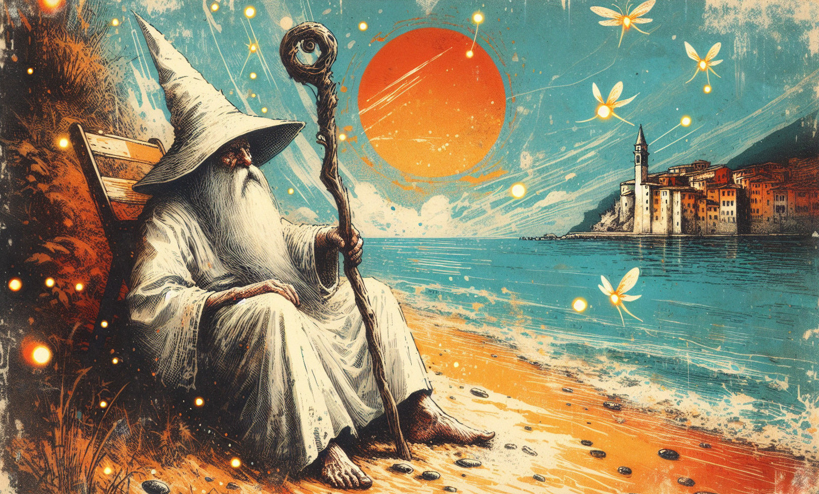 Wizard on Beach with Glowing Orb and Coastal Town