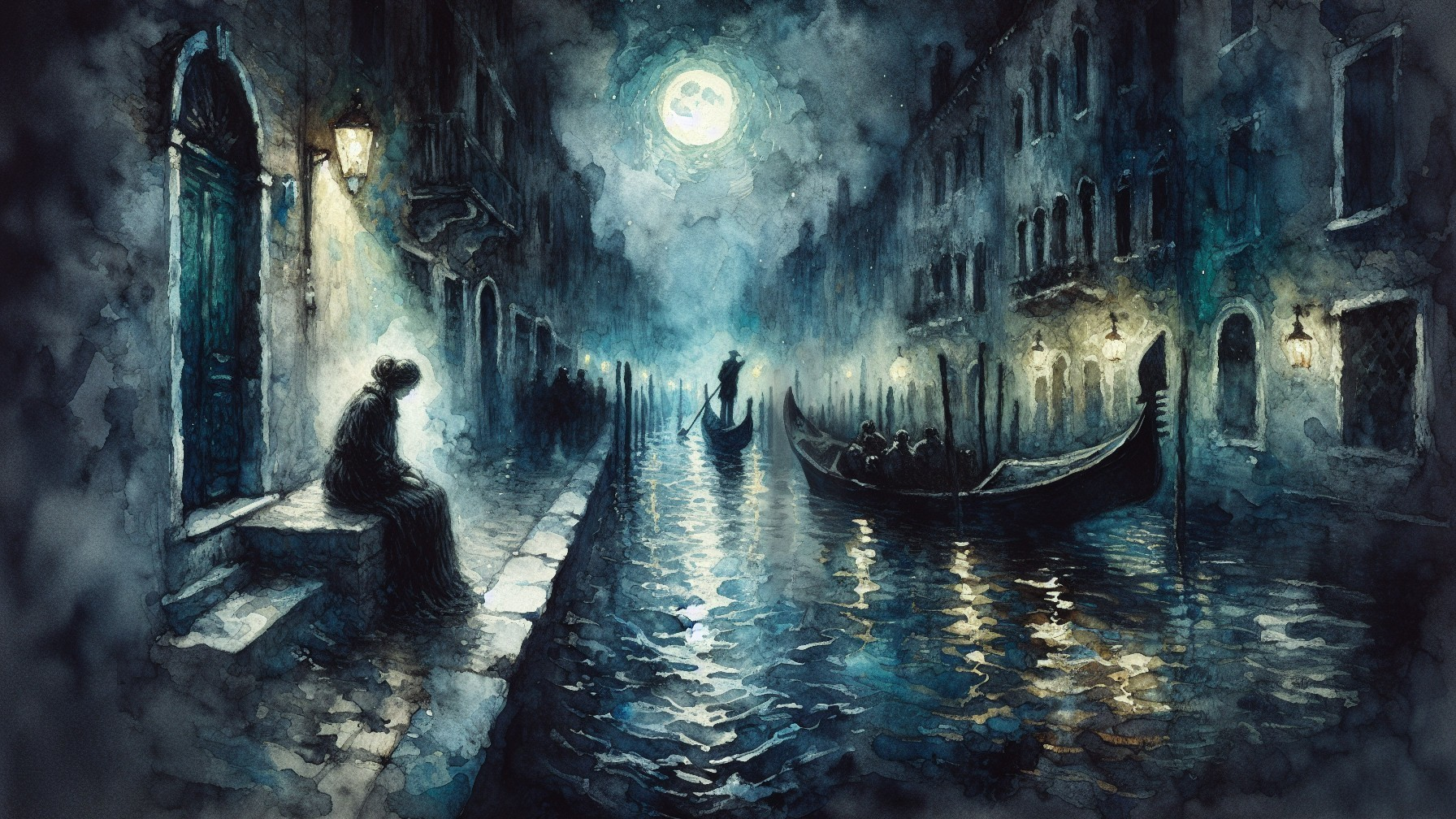 Moonlit Canal Scene in Quiet Venetian Setting