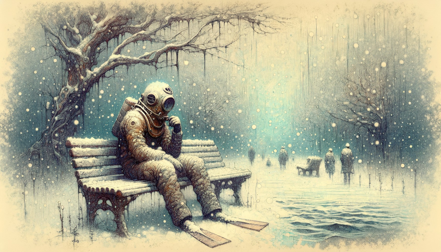 Diver in Vintage Suit on Snowy Bench Amidst Snowfall