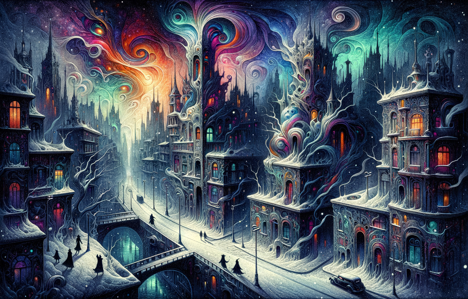 Vibrant auroras illuminate intricate gothic cityscape