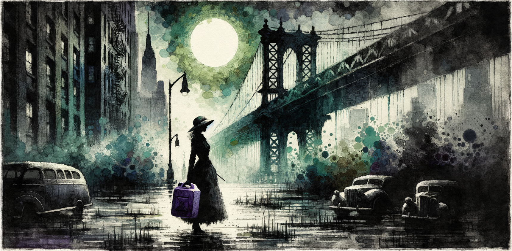 Moody Scene of Woman with Suitcase on Rainy Street