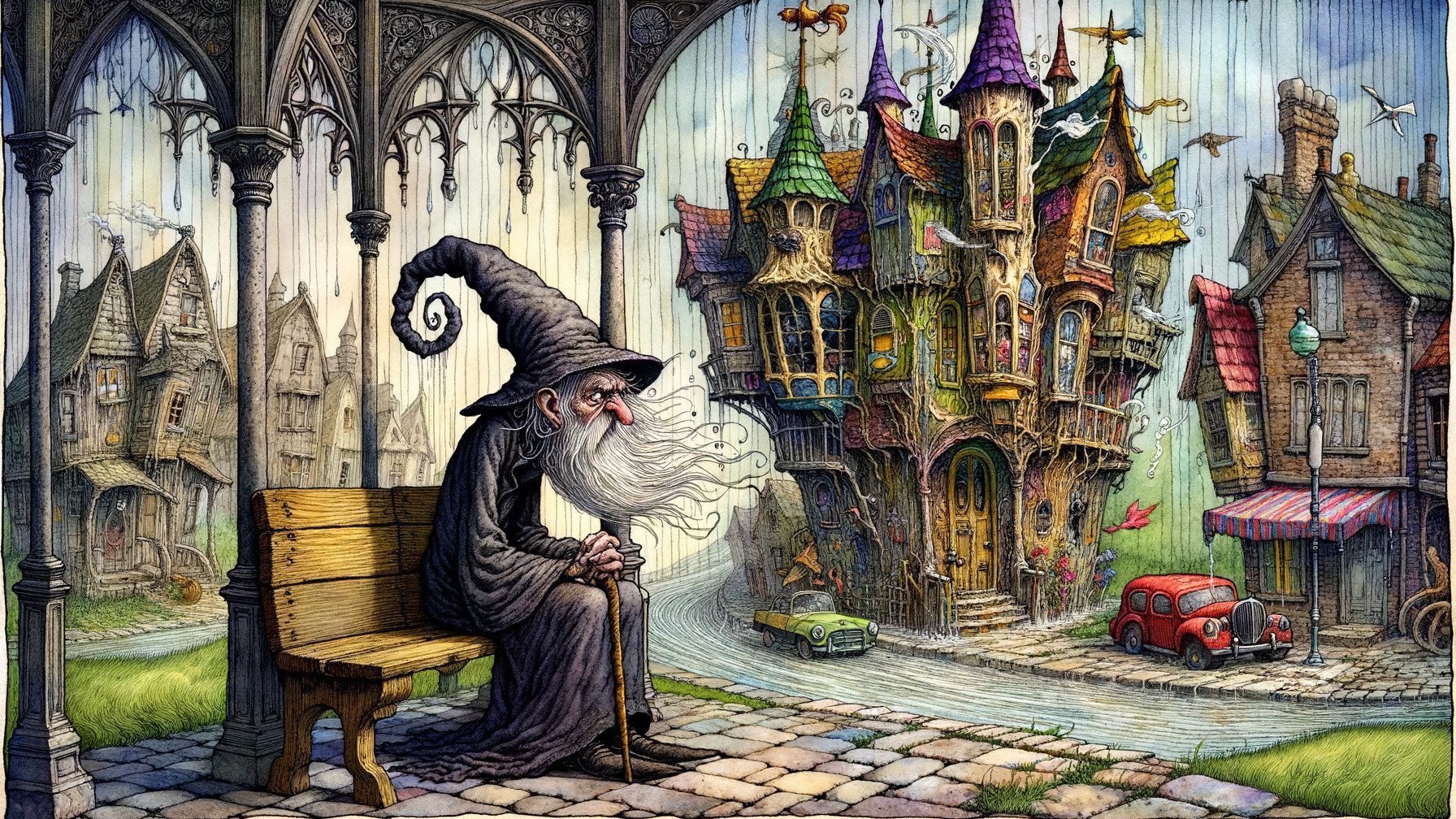 Elderly Wizard in Enchanting Fairy-Tale Setting