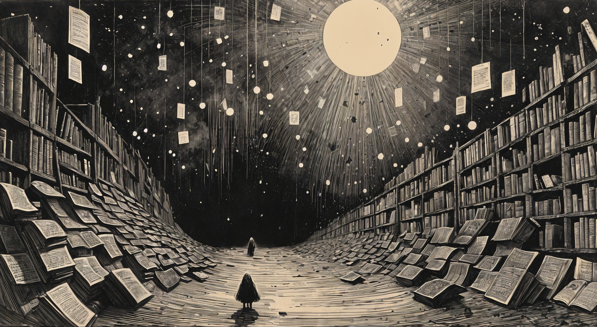 Library with Floating Pages and Dramatic Lighting