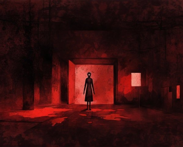 Eerie Room with Solitary Figure in Black Dress