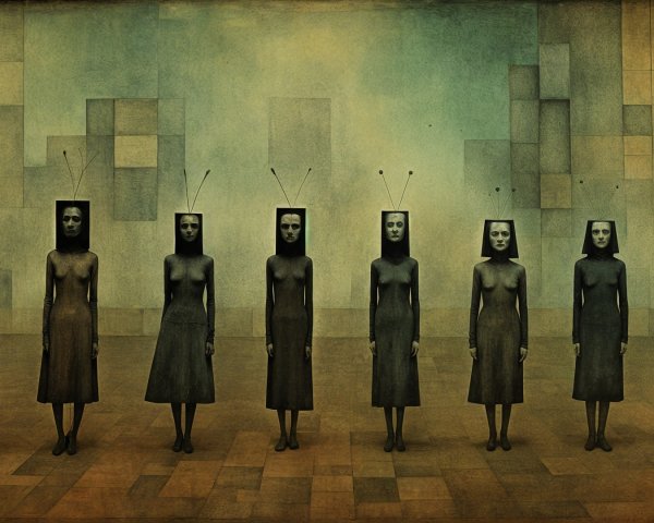 Surreal Scene with Eight Eerie Figures in Dark Dresses
