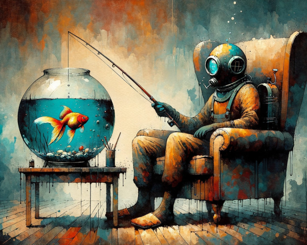 Surreal Scene of Diver in Armchair with Goldfish Bowl