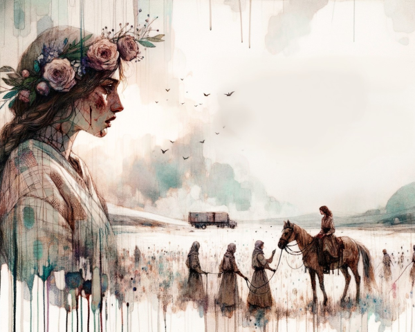 Dreamy Watercolor Landscape with Young Woman and Nature