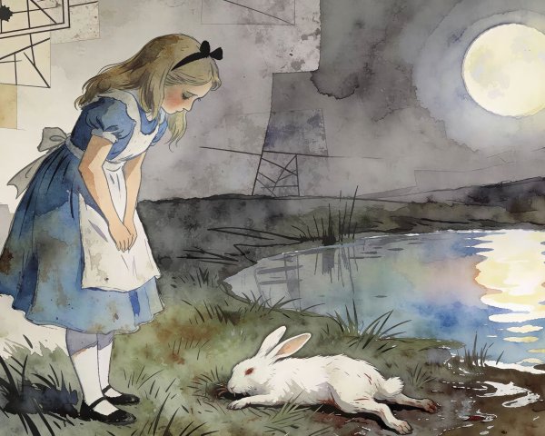 Moody Watercolor of Alice with a Dead White Rabbit