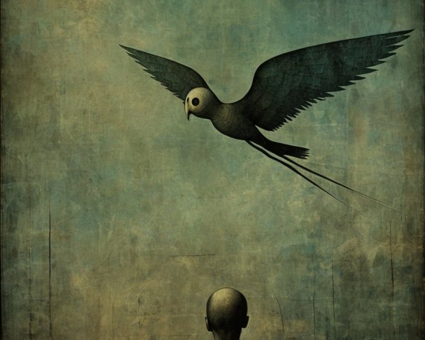 Surreal Scene of Solitary Figure and Soaring Bird